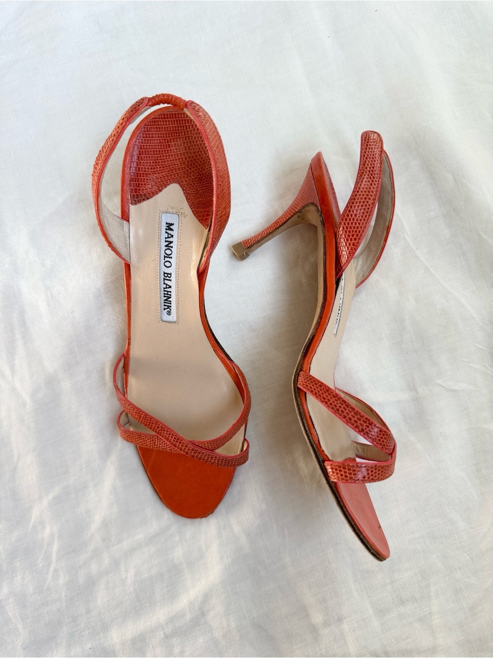 Manolo Blahnik Vintage Like New Orange-Red Textured Strappy Sandals